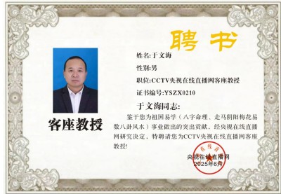 恭贺易学风水名家于文海荣膺央视在线直播网特聘客座教授